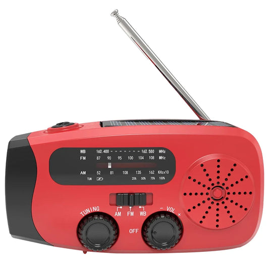 Portable Emergency Crank Radio — Solar & Hand Crank, FM/AM/WB + LED Flashlight