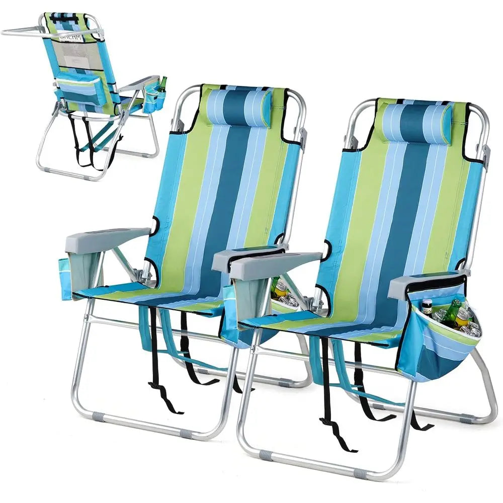 Tall Beach Chair 2-Pack — Backpack Style, 5-Position, Cooler Bag & Cup Holders