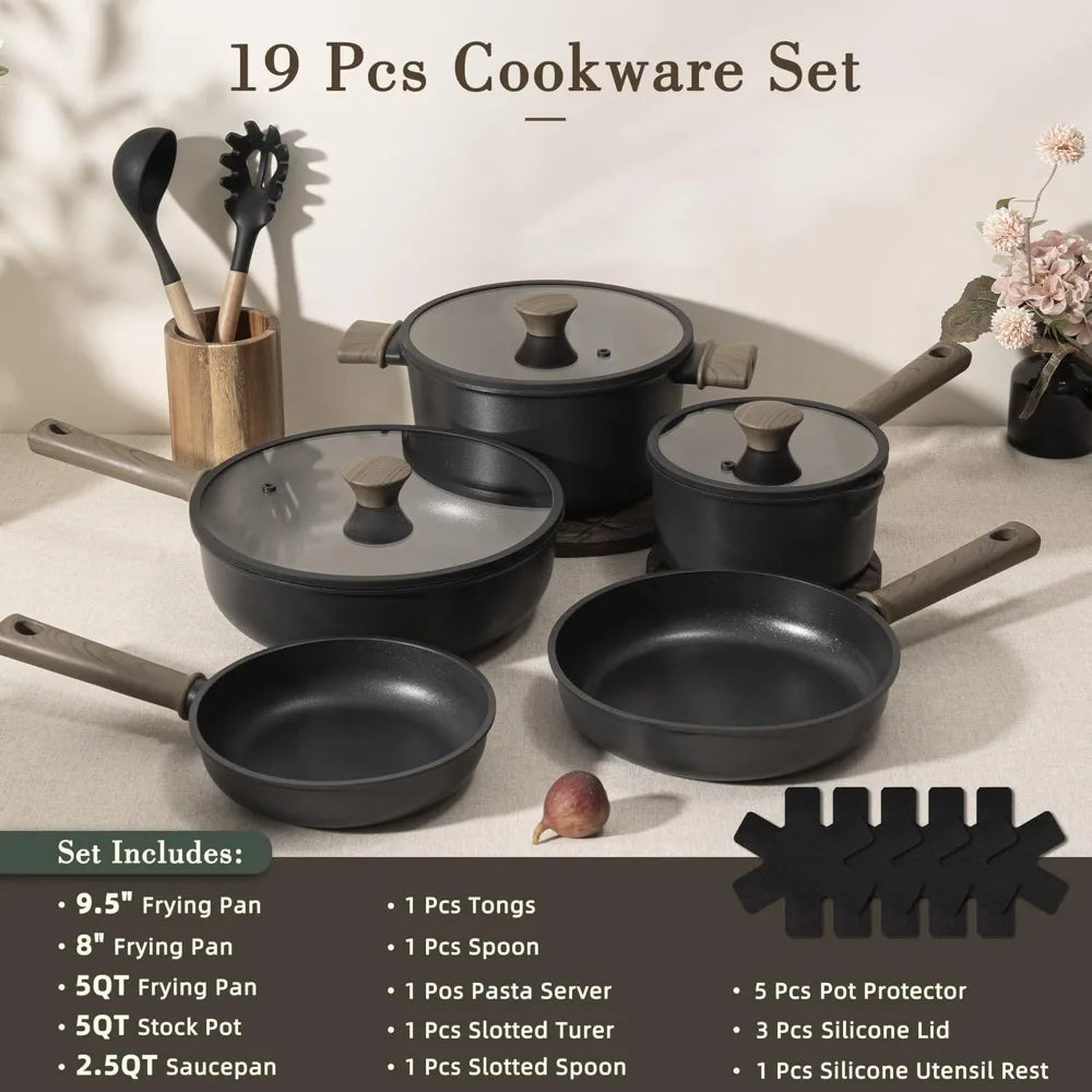 19 Pcs Pots and Pans Set Non Stick, Black Titanium