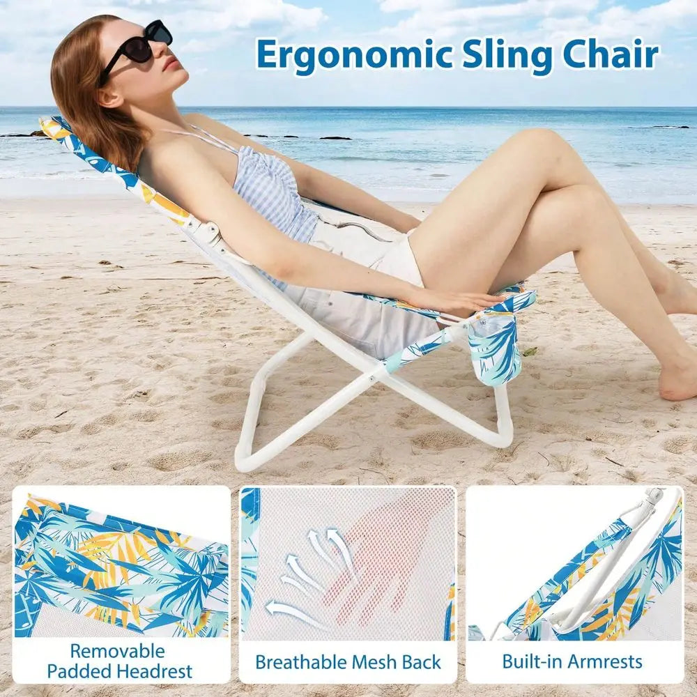 Folding Low Beach Chair, Set Of 2 With Padded Head Pillow