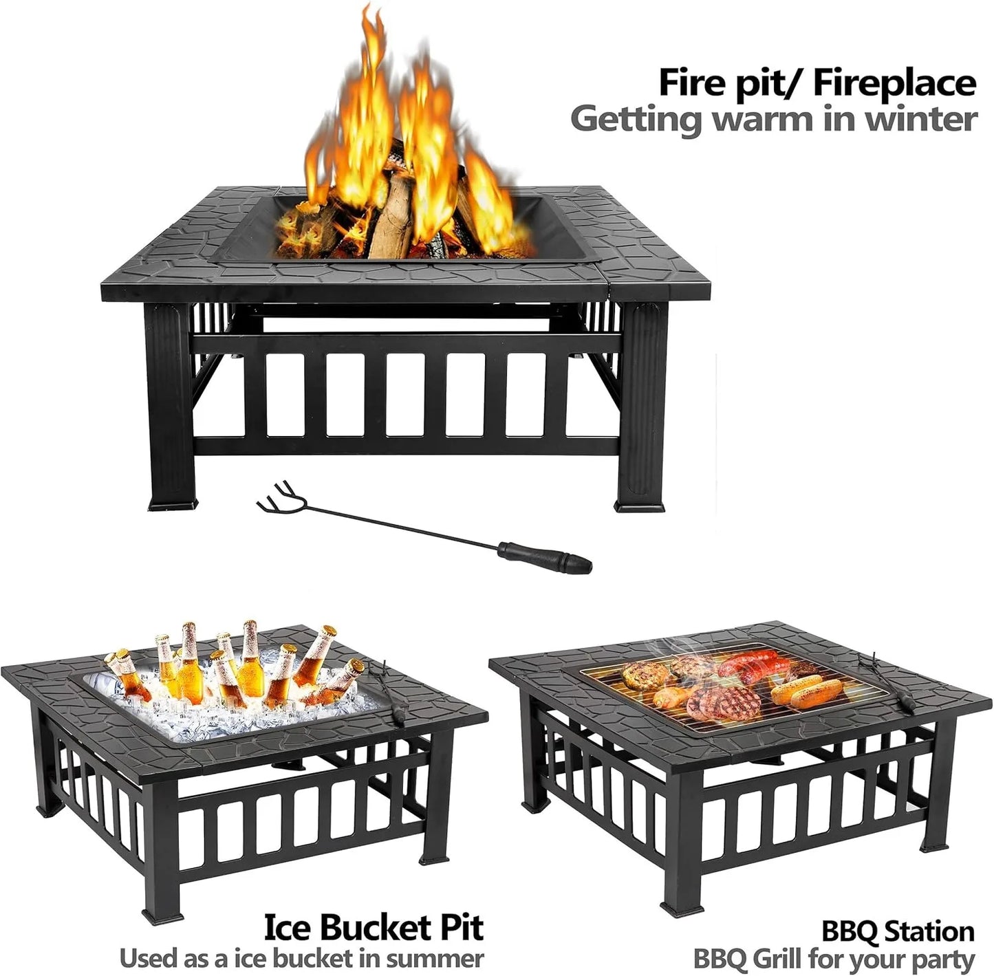 32" Square Outdoor Fire Pit with Spark Screen & Waterproof Cover