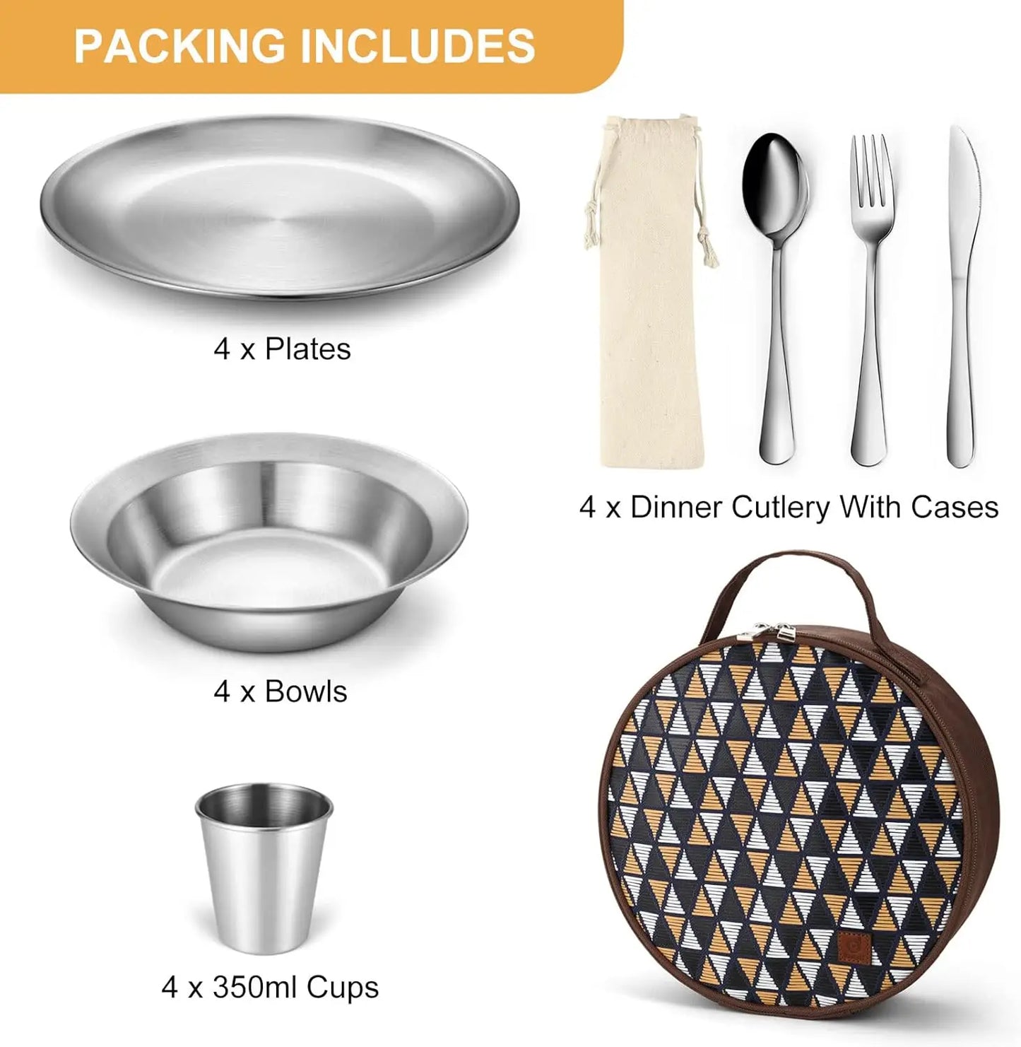 Stainless Steel Family Camping Mess Kit | Plates, Bowls, Utensils & Storage Bag