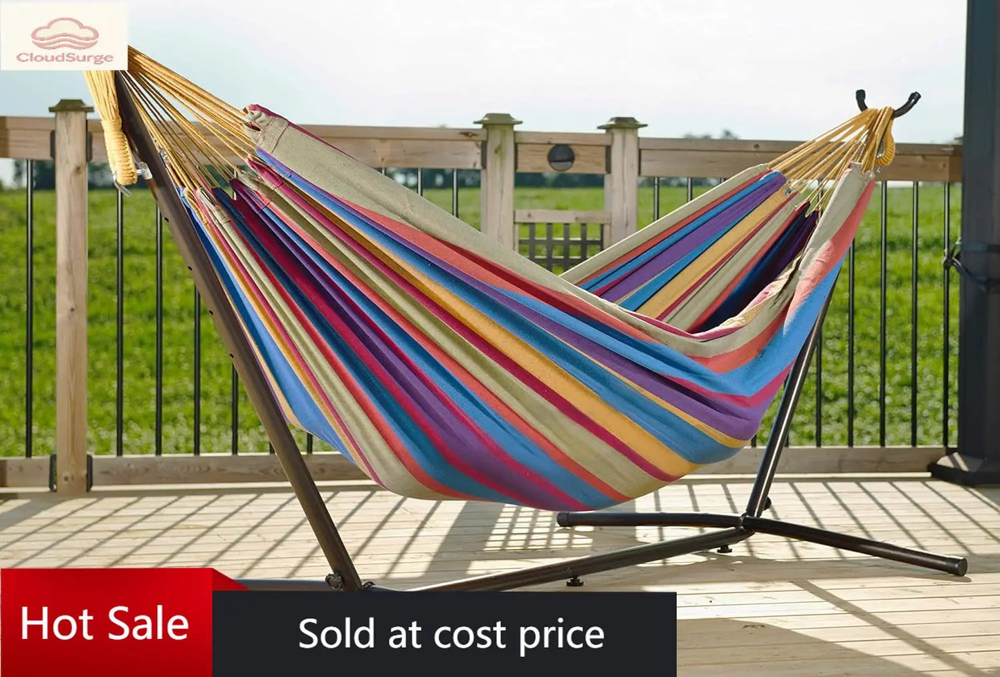 Activity limited-time priceDouble Cotton Hammock with Space Saving Steel Stand, Upgraded Polyester End Strings 450 lb Capacity -