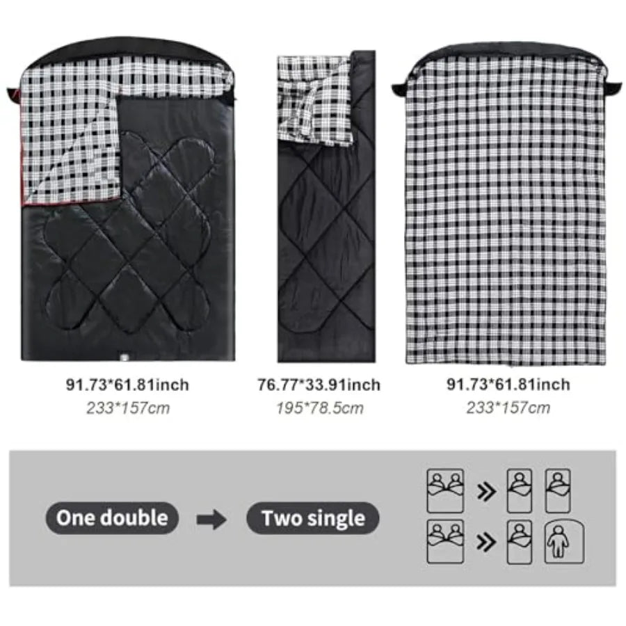 Sleeping Bag , Flannel Cotton, Gray, Double XXL Queen Size with 2 Pillows