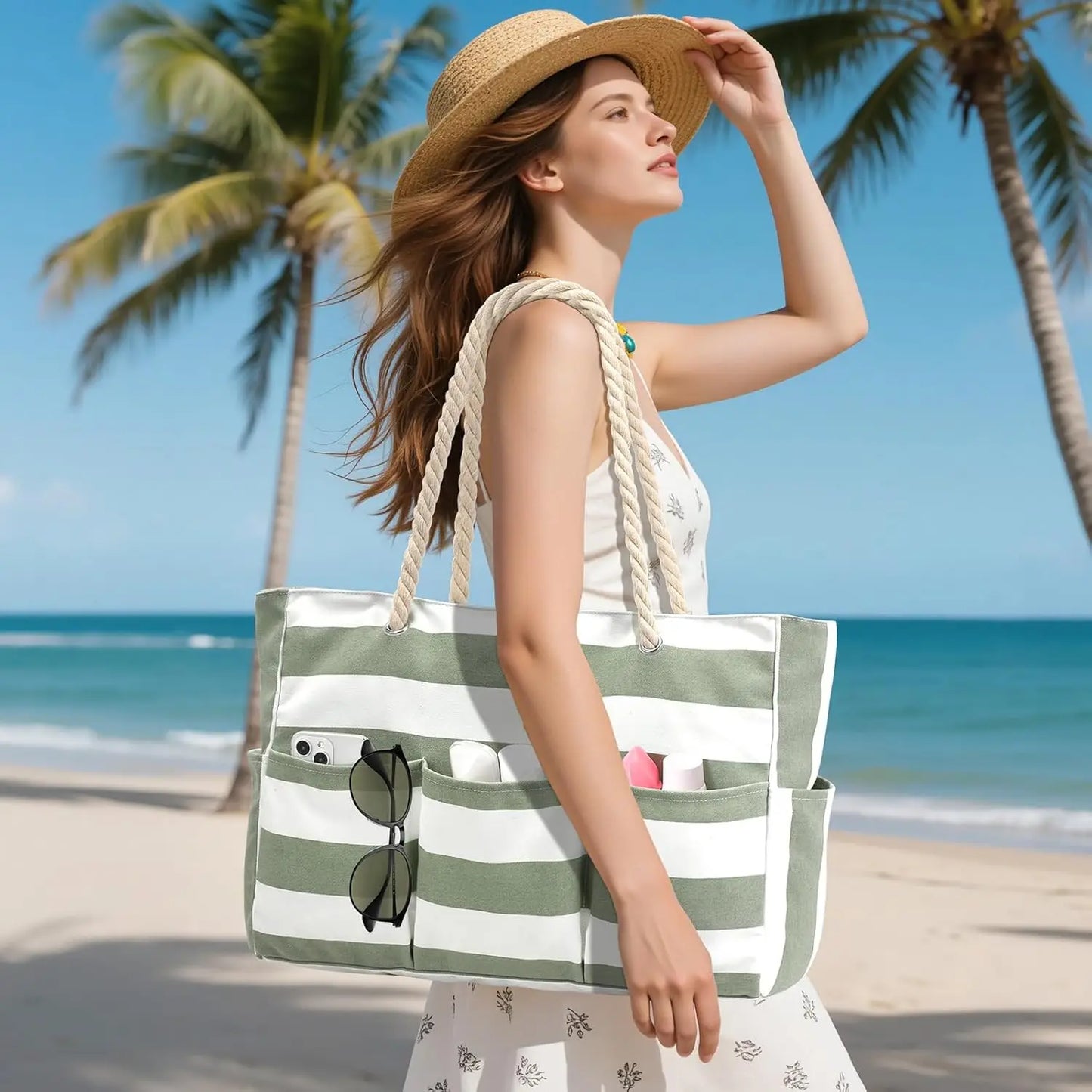Canvas Beach Tote – Waterproof, Sandproof & 7 Pockets