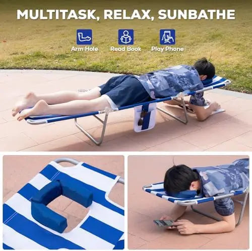2-Pack Folding Tanning Beach Chair with Face Hole | 5-Position Reclining Sun Lounger