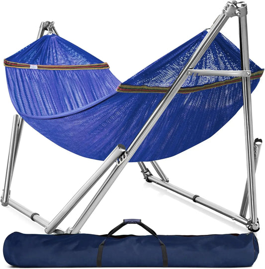 Double Hammock with Stand, 650lb Capacity, Stainless Steel Frame, Portable Setup in Blue