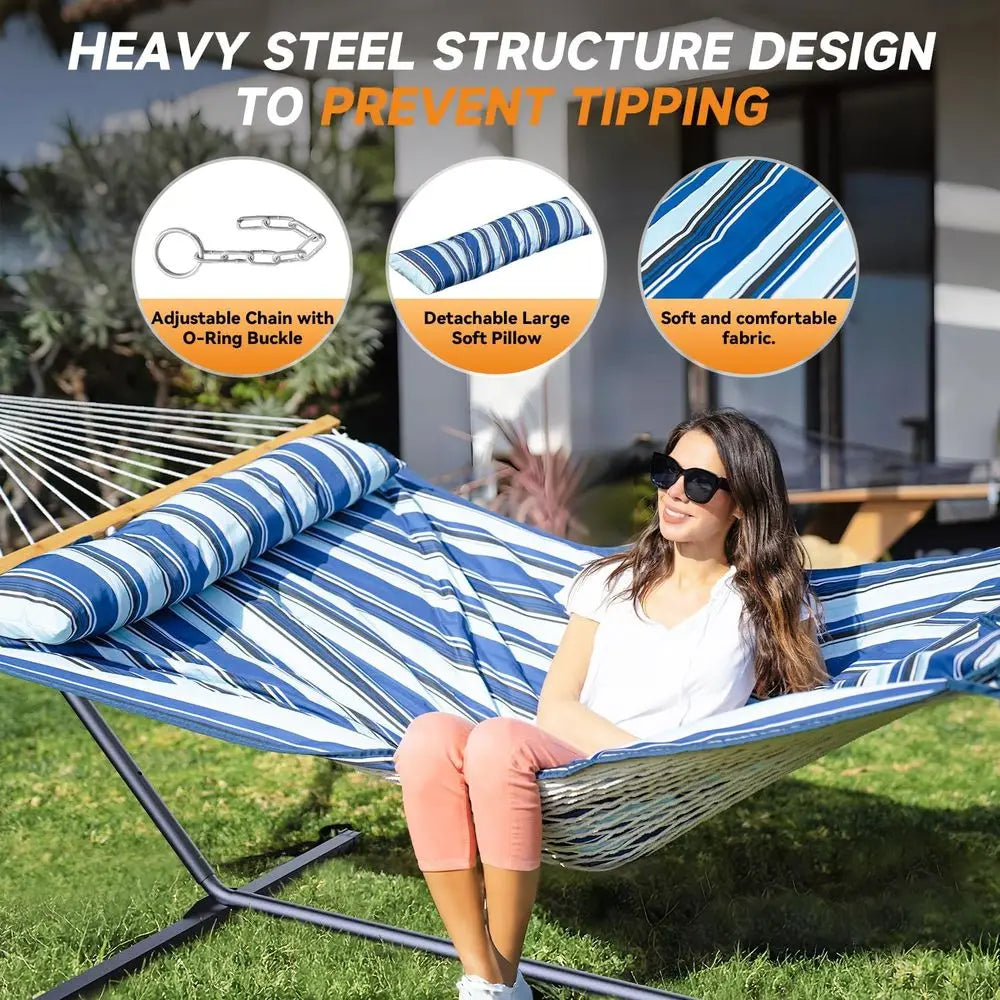 2-Person Cotton Rope Hammock with Adjustable Steel Stand