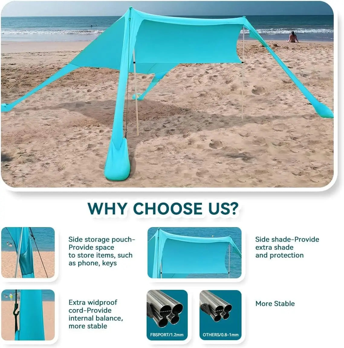 Beach Tent Sun Shelter, Canopy with Sandbags 7x7 FT