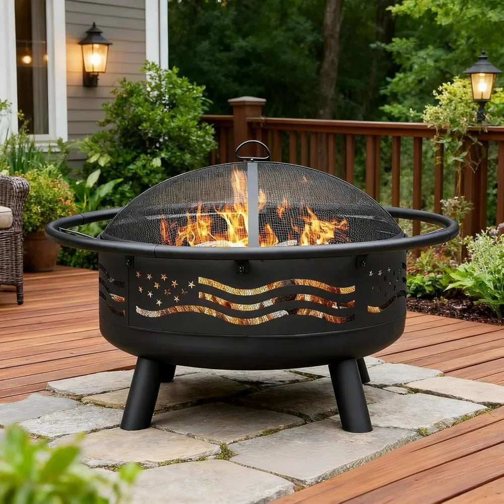 32 Inch American Flag Fire Pit with Mesh Cover & Poker