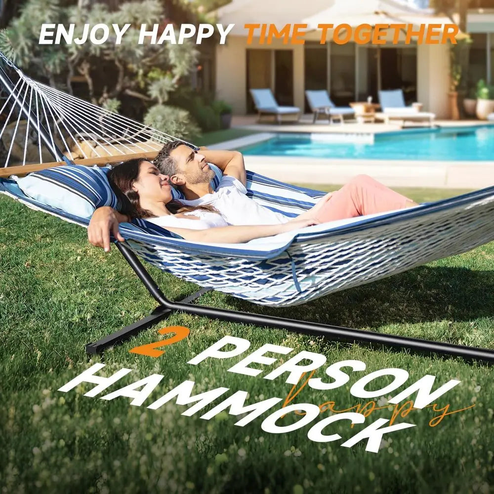 2-Person Cotton Rope Hammock Adjustable Steel Stand