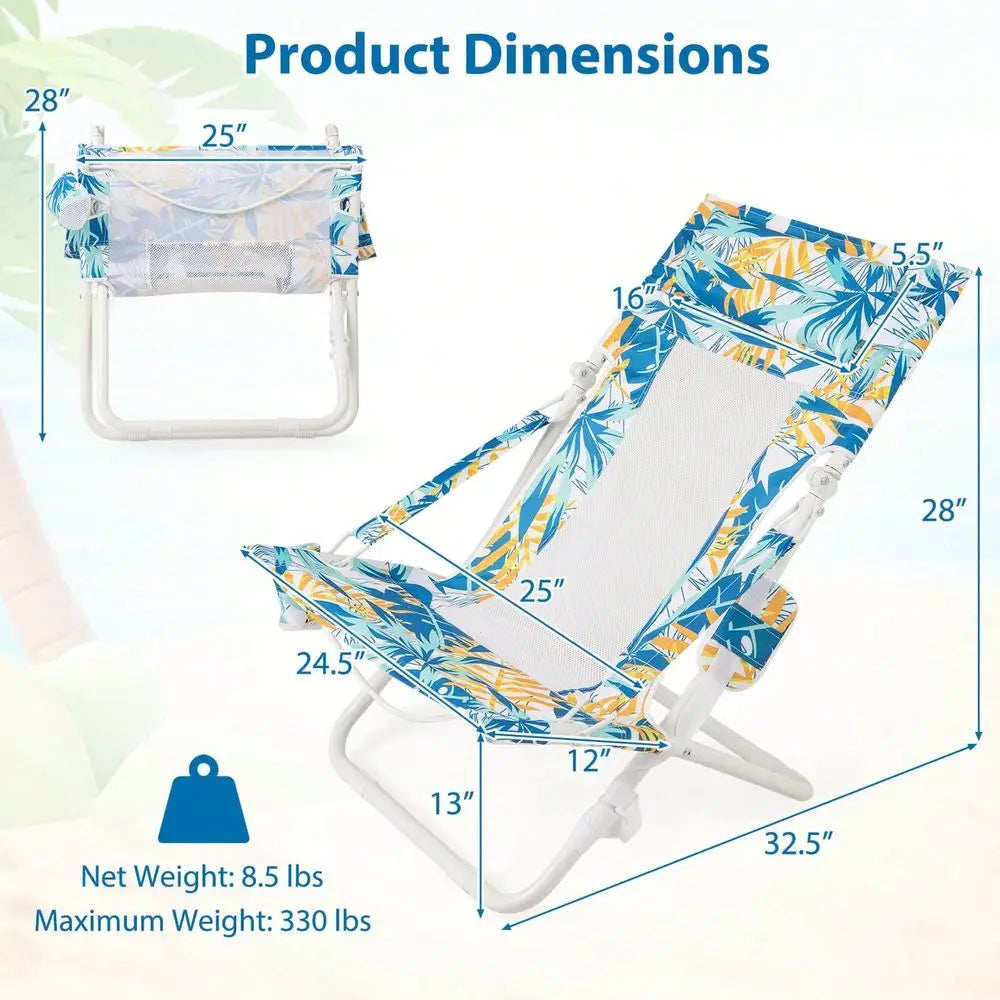 Folding Low Beach Chair, Set Of 2 With Padded Head Pillow