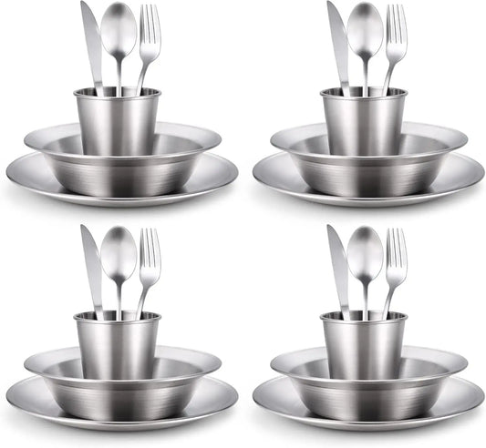 Stainless Steel Family Camping Mess Kit | Plates, Bowls, Utensils & Storage Bag