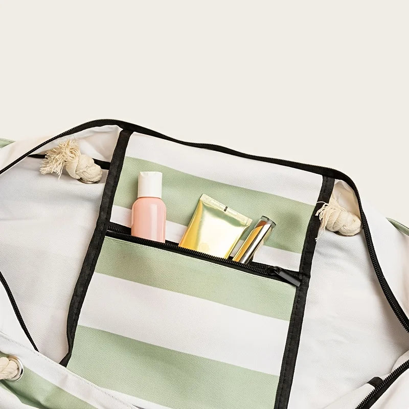 Fashion Striped Beach Tote Bag, Waterproof and Sand-Proof Foldable Beach Bag, Large-Capacity Portable Storage Bag, Shoulder Bag