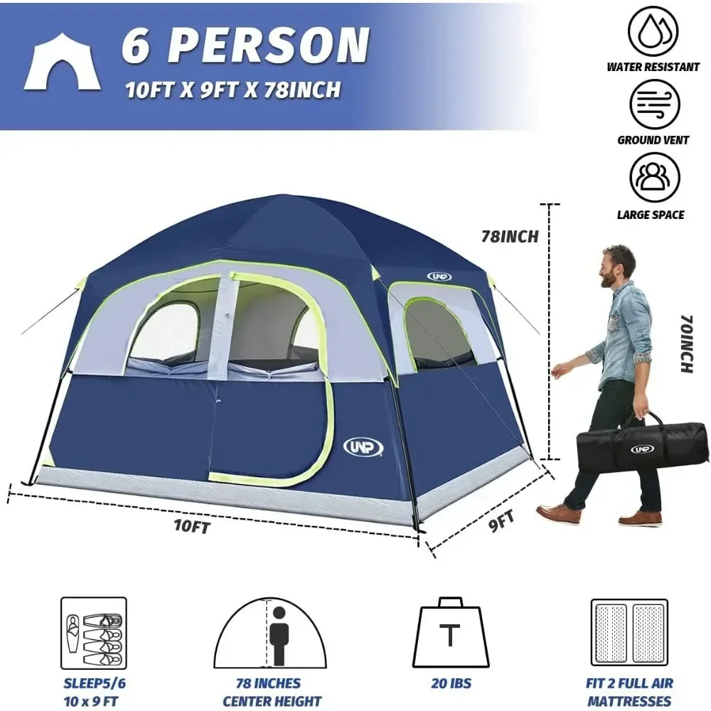 6 Person Waterproof,  Windproof, Double Layer Family Tent with 1 Mesh Door & 5 Large Mesh Win