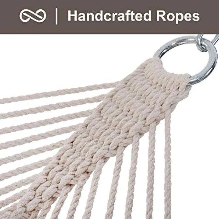Traditional Rope Double Hammock with Hardwood Spreader Bar and Carrying Bag, Natural Color