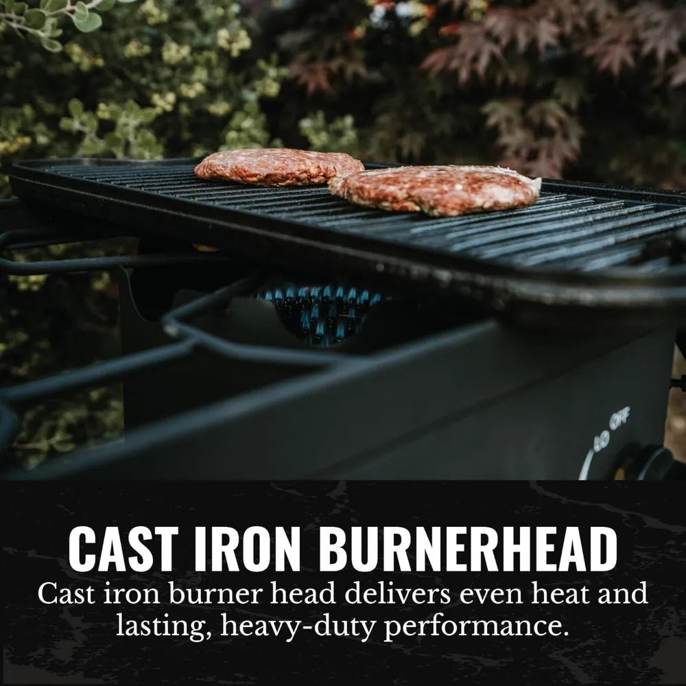 Propane Double Burner Camp Stove | High Pressure | Adjustable PSI | Cast Iron Grates