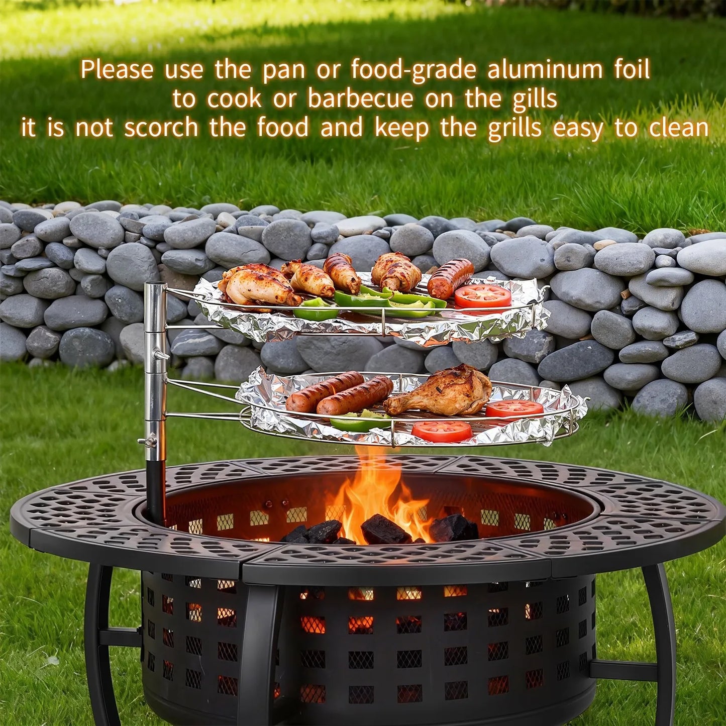 36 Inch Wood Burning Fire Pit with 2 Adjustable Grills & Lid