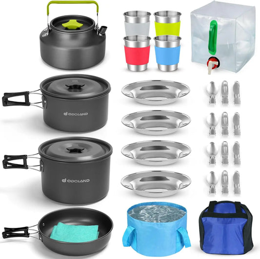 29-Piece Camping Cookware Mess Kit | Non-Stick Pots, Pan, Kettle & Stainless Cutlery for 4