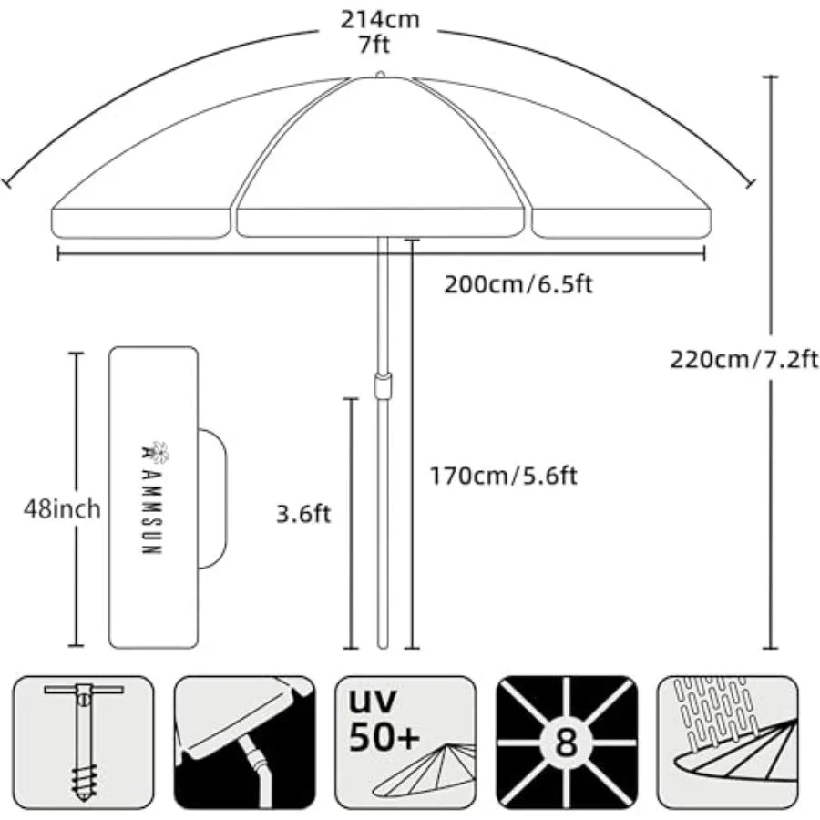 7ft High Wind Beach Umbrella with Sand Anchor