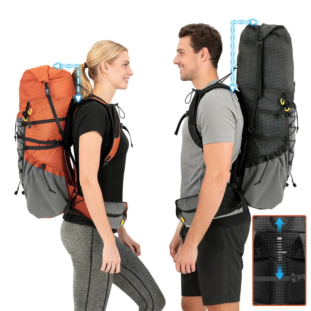 Internal-frame Hiking Backpack: 50L / 60L / 70L Roll Top with Rain Cover
