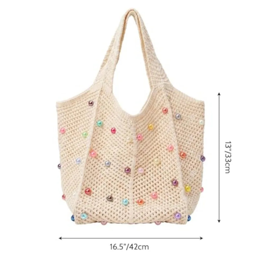 Boho Crochet Beach Tote Bag | Colorful Beaded Knit Shoulder Bag for Women