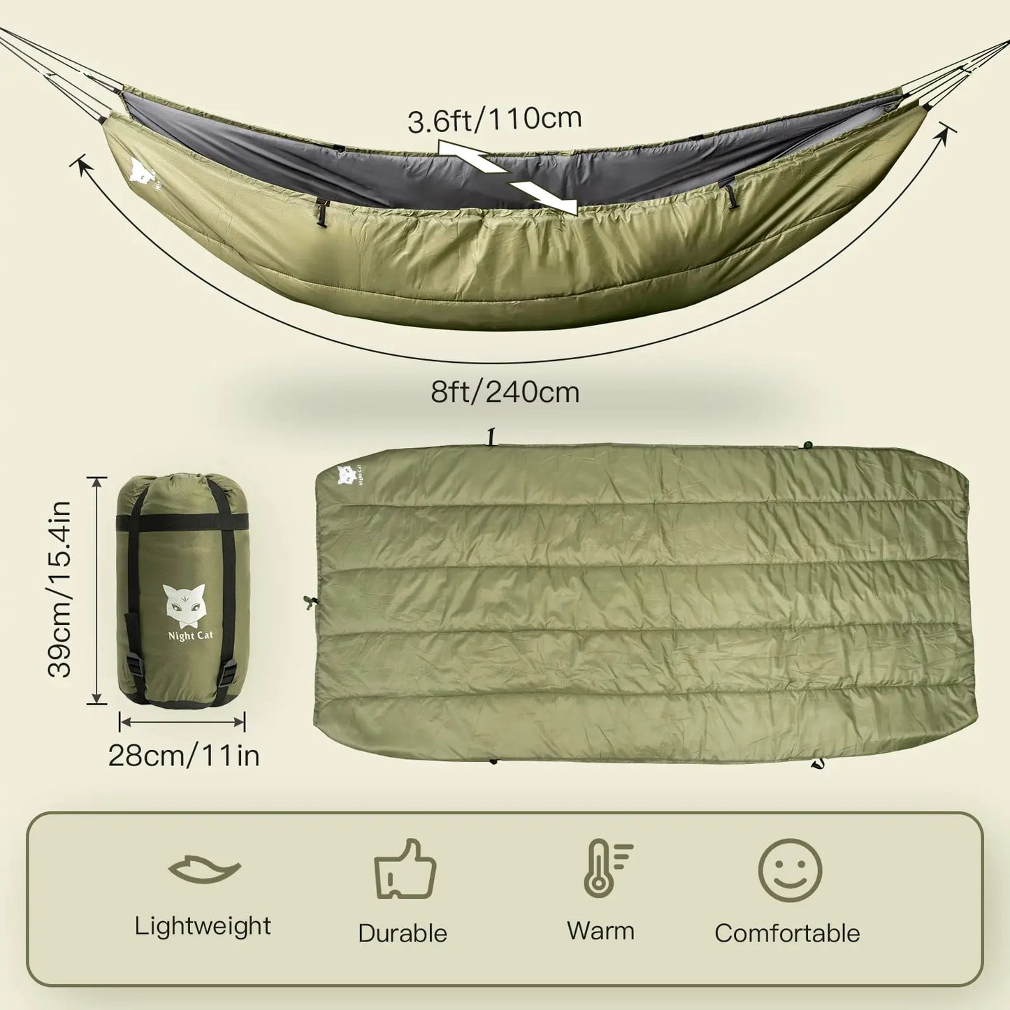 Night Cat Hammock Underquilt – 4-Season Insulated Under Blanket for Camping