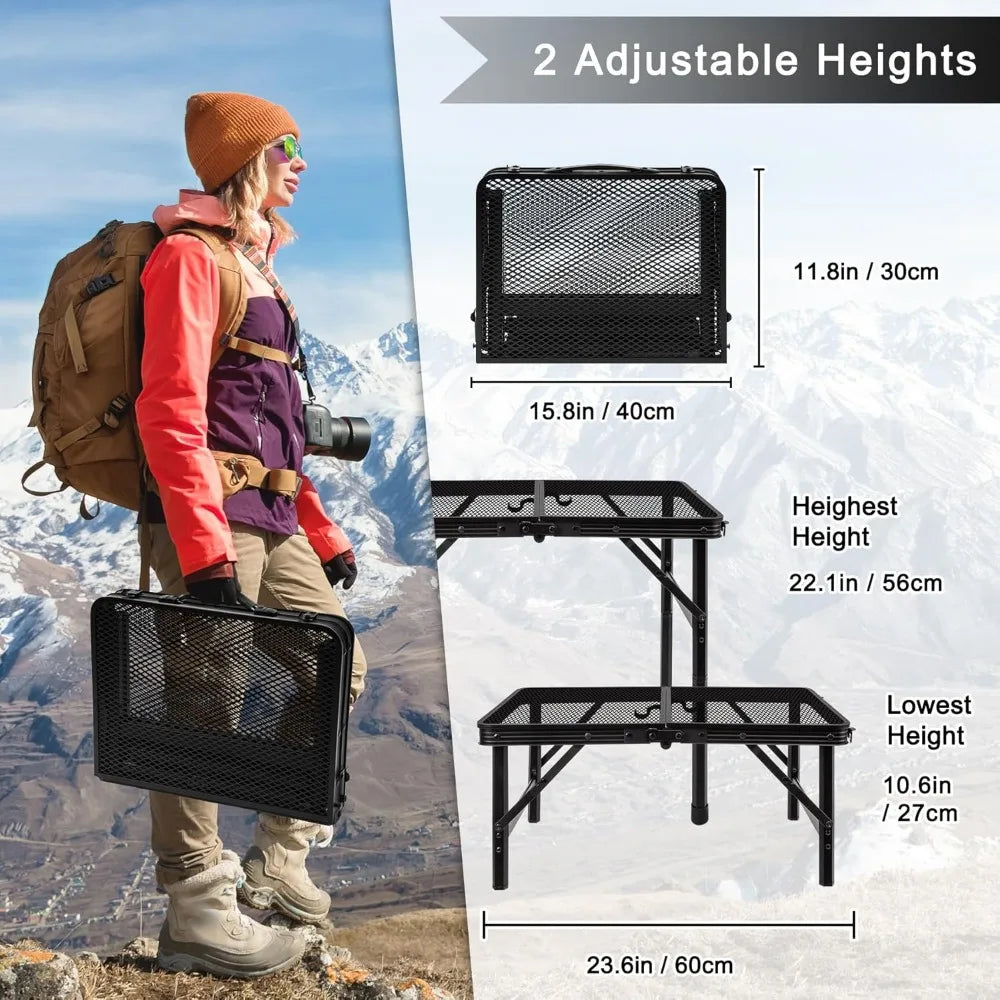 Portable Folding Camping Table | Height Adjustable Metal Mesh Top for Outdoor Cooking & Picnic