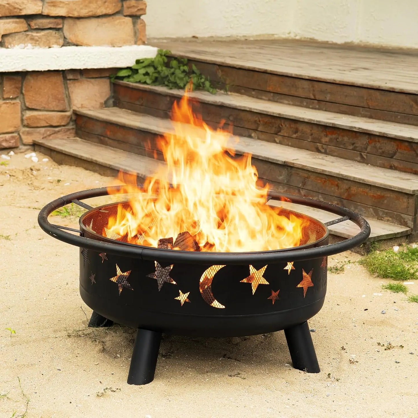 32" Round Wood Burning Fire Pit – Star & Moon Design with Mesh Cover and Poker