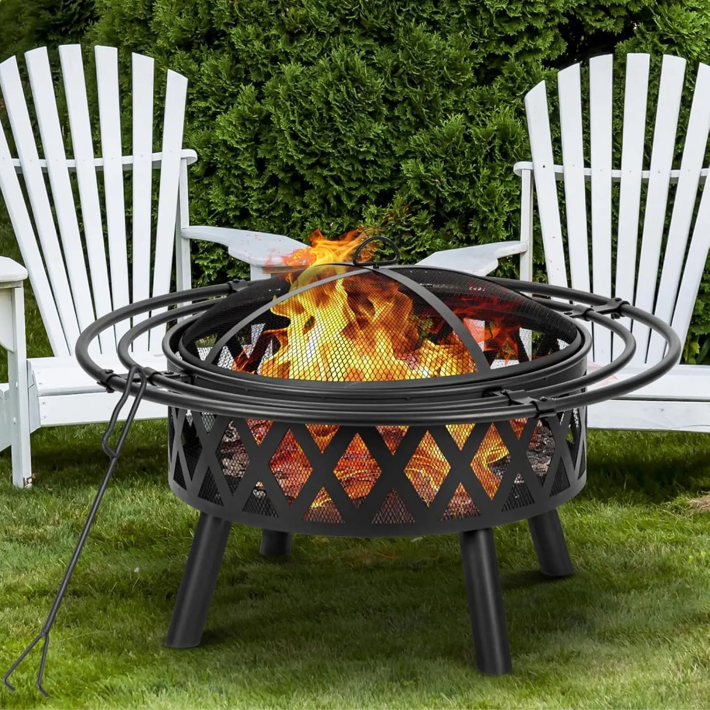 36 Inch Wood Burning Fire Pit with Spark Screen & Fire Poker