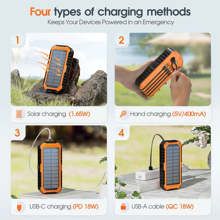 40,000mAh Solar Power Bank with Hand Crank — 4 Built-In Cables, Compass & LED Flashlight