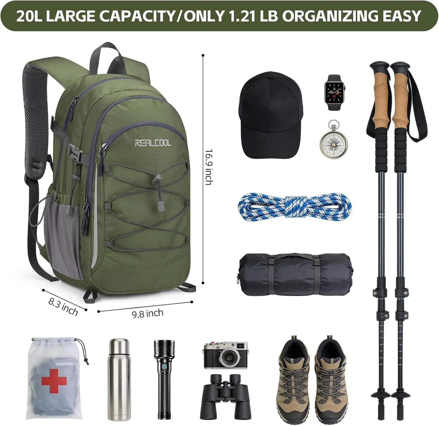20L Waterproof Hiking Backpack | Lightweight Ergonomic Daypack for Men & Women — Army Green
