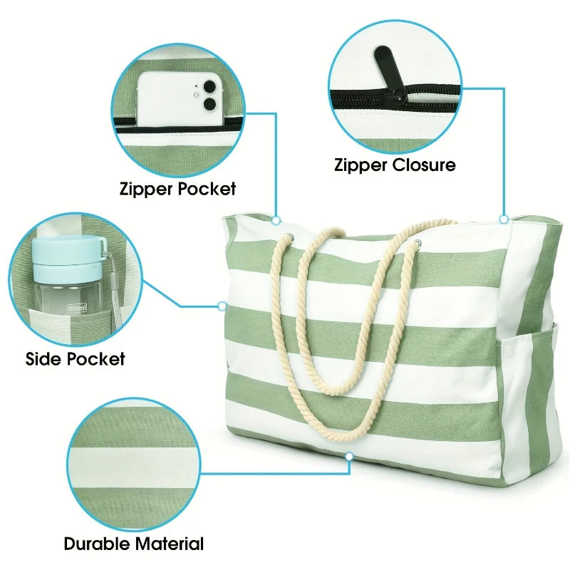 Fashion Striped Beach Tote Bag, Waterproof and Sand-Proof Foldable Beach Bag, Large-Capacity Portable Storage Bag, Shoulder Bag