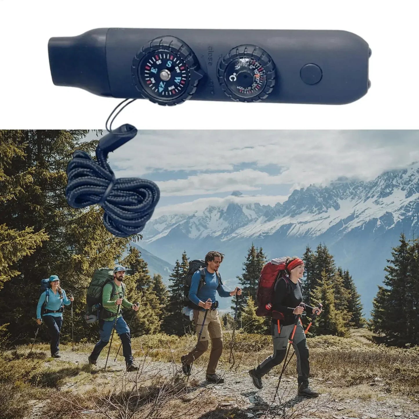 Emergency Survival Whistle with Lanyard, Compass, Flashlight