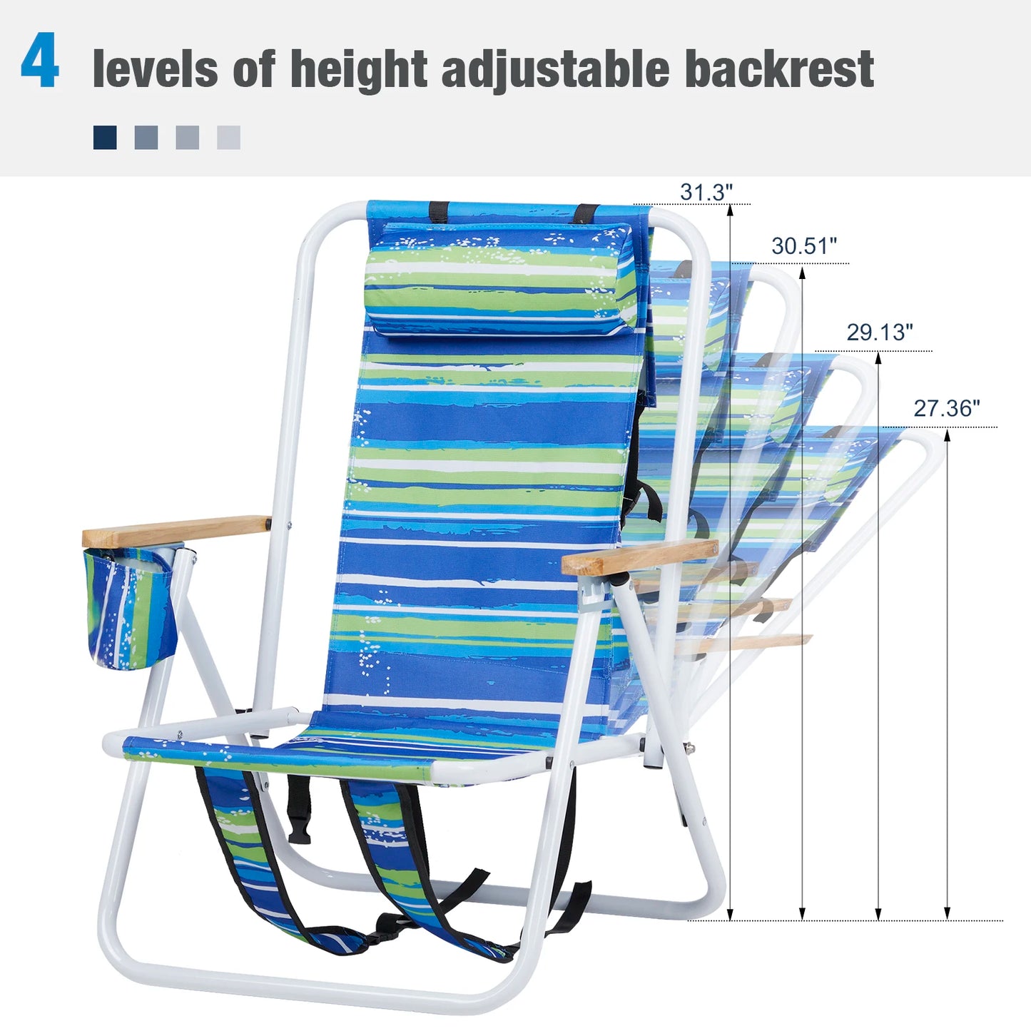 Folding Beach Chair, 4 Position, Wooden Armrests