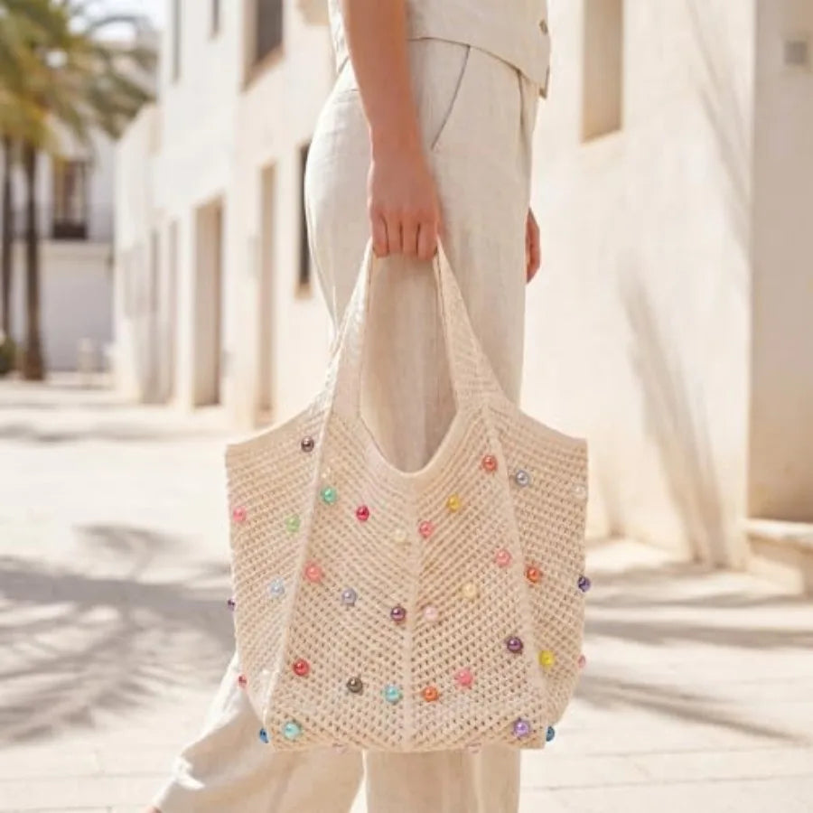 Boho Crochet Beach Tote Bag | Colorful Beaded Knit Shoulder Bag for Women