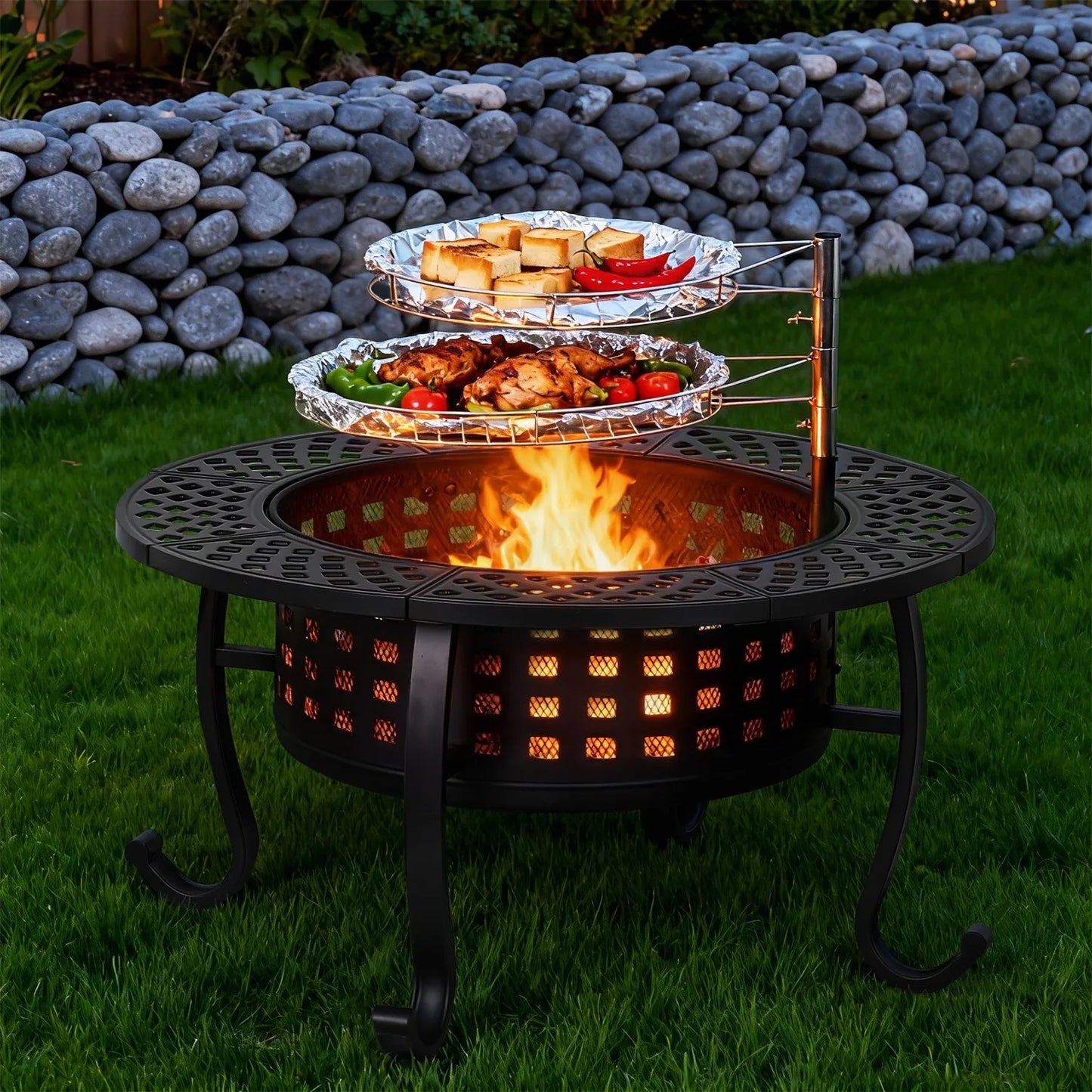 36 Inch Wood Burning Fire Pit with 2 Adjustable Grills & Lid