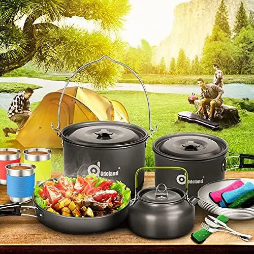 39pcs Large Size Non-Stick Camping Cookware Set with Hanging Pot Pan Kettle Base Outdoor Cooking Cutlery Included