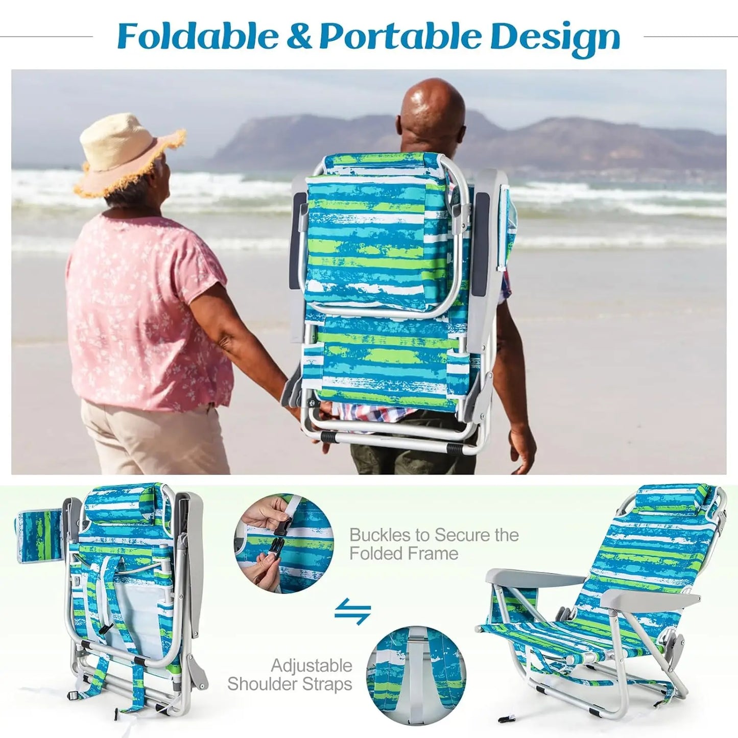 Backpack Beach Chair, 2-Pack, Foldable, 5-Position