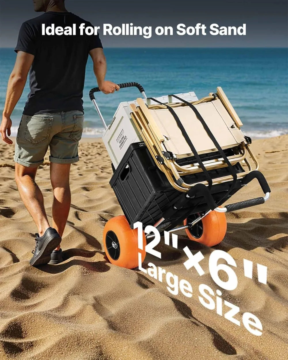 Heavy Duty Beach Cart with 12" Solid Wheels, Folding Sand Wagon 165LBS Capacity, Adjustable Handle for Camping & Outdoor