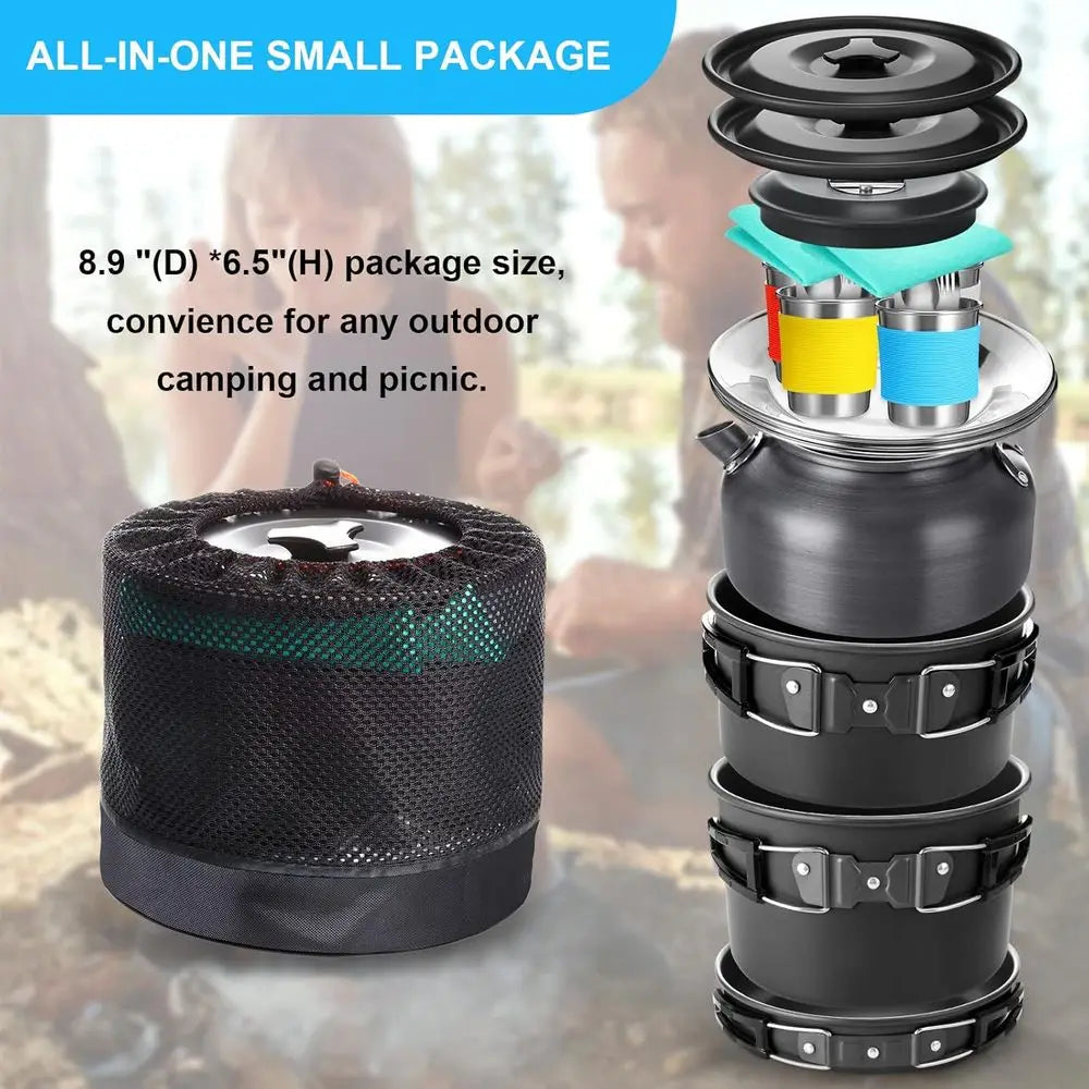 42 Pcs Camping Cookware Kit, Non Stick Lightweight Pots Pan Kettle, Collapsible Water Container and Bucket, Stainless Steel Cups