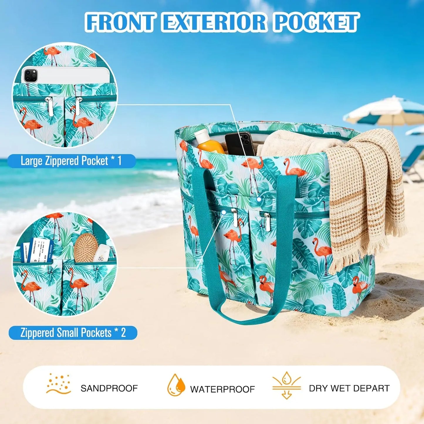 Large Beach Bag with Zipper, Waterproof, Sandproof, with Wet Pocket