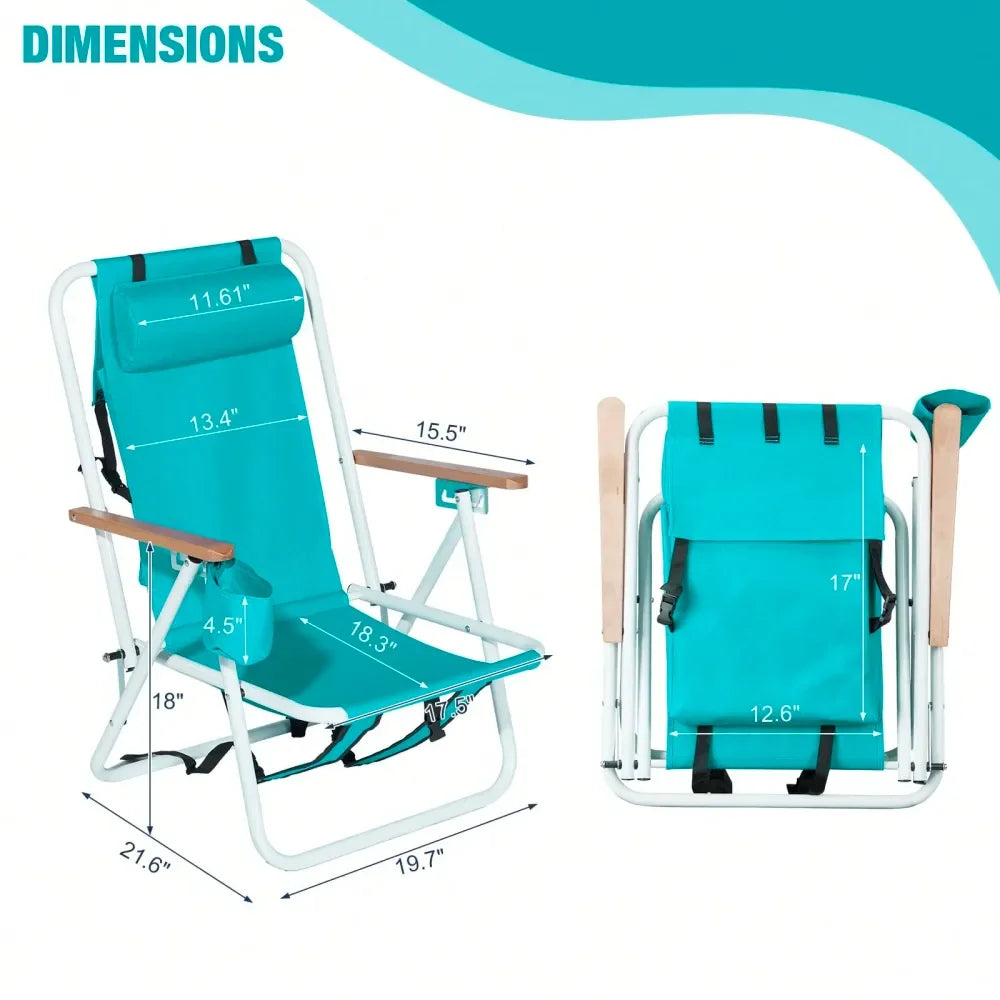 Beach Chair Set of 2 — 4-Position Portable Backpack Chair with Headrest & Cup Holder