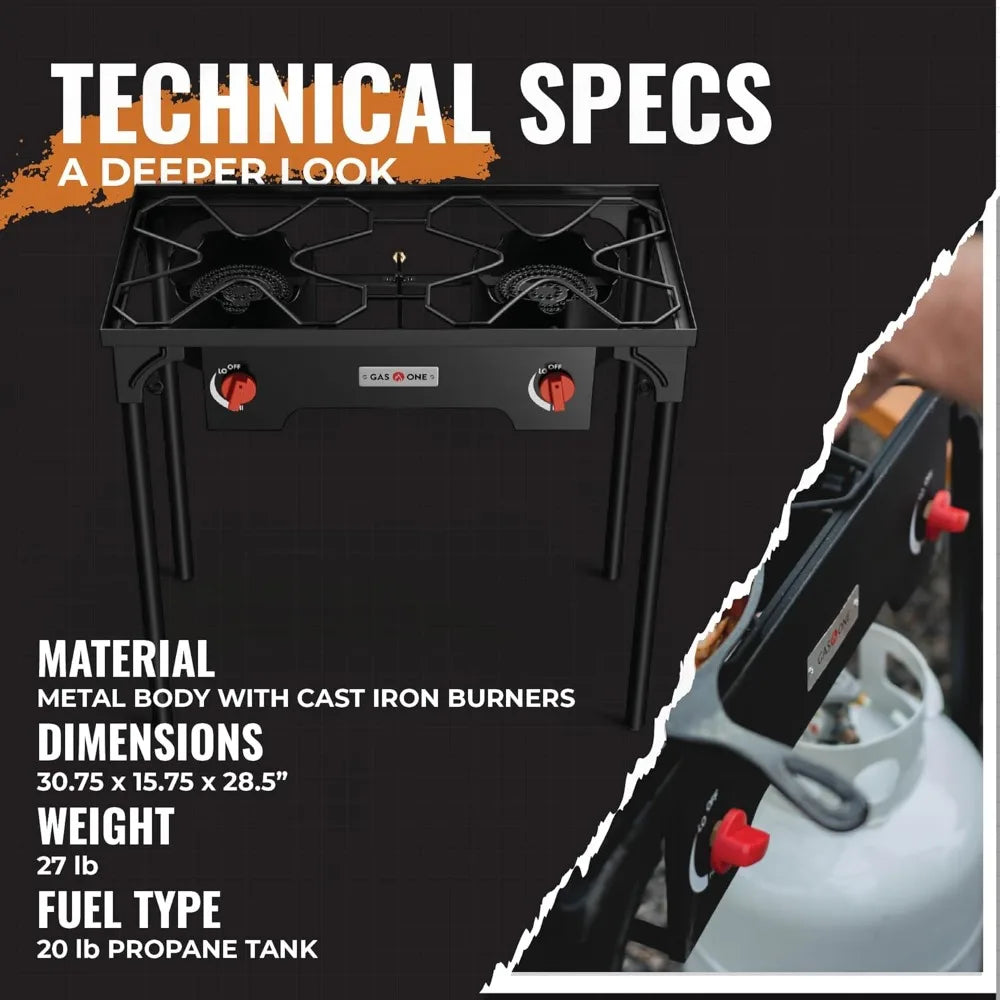 Propane Double Burner Camp Stove | High Pressure | Adjustable PSI | Cast Iron Grates