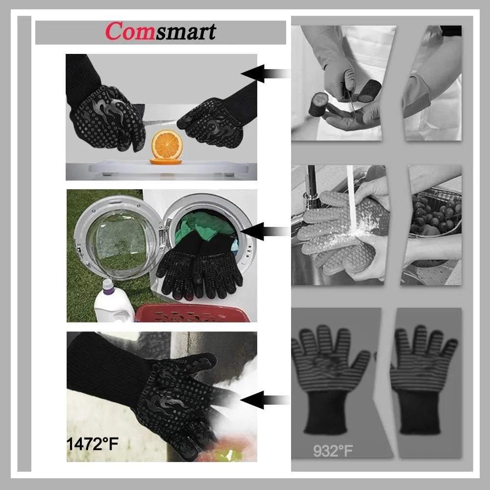 1472°F Heat Resistant BBQ Gloves | Silicone Non-Slip Grilling & Oven Gloves