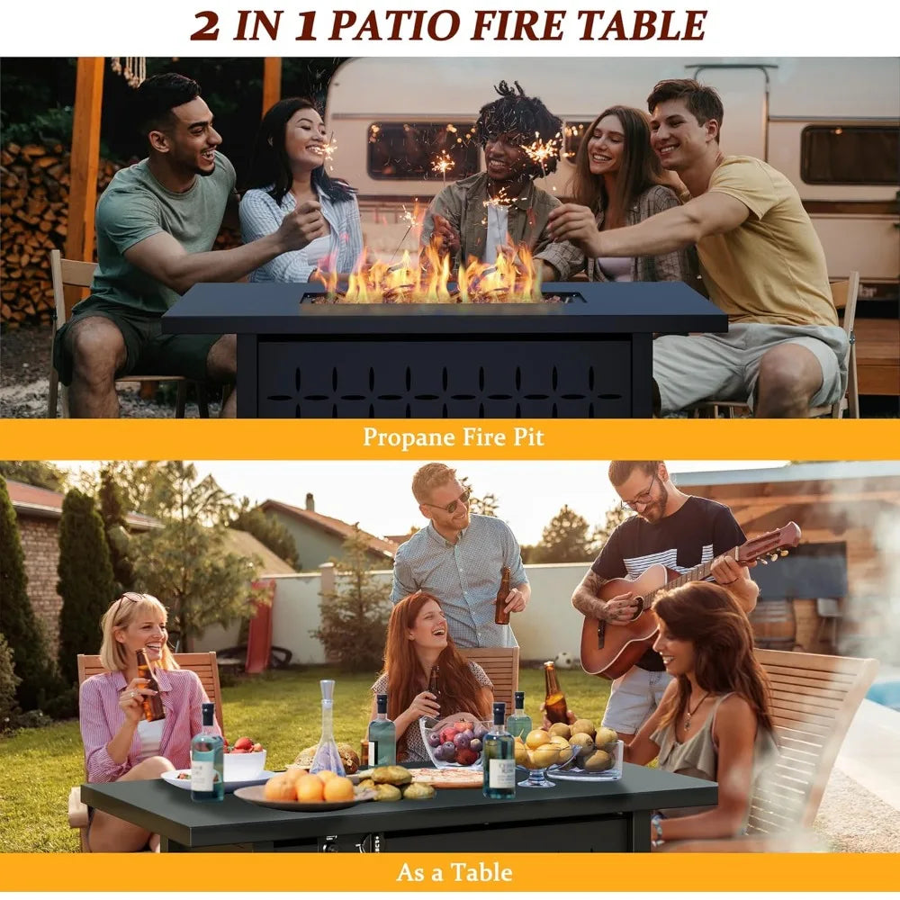 43 inch Gas Fire Pit Table, 50,000 BTU Outdoor Rectangular Propane Firepit Table with Lid, Glass Wind Guard