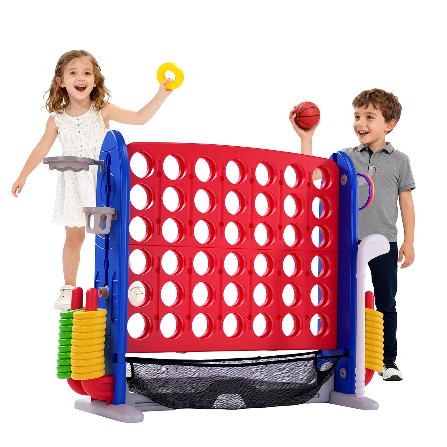 4-in-1 Giant Connect Game Set, Adjustable Height, Basketball Hoop, Ring Toss