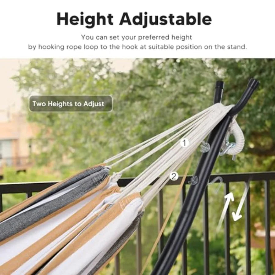 2 Person Hammock with Stand for Outdoor Patio Use, Heavy Duty Steel Frame, Coffee Stripes Pattern, Easy Setup Portable Design