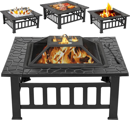 32" Square Outdoor Fire Pit with Spark Screen & Waterproof Cover